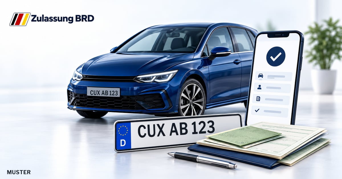 Online Fahrzeugzulassung in Wurster Nordseeküste: Musterkennzeichen CUX AB 123, Auto und Fahrzeugpapiere und Smartphone. Illustration mit Logo von Zulassung BRD.